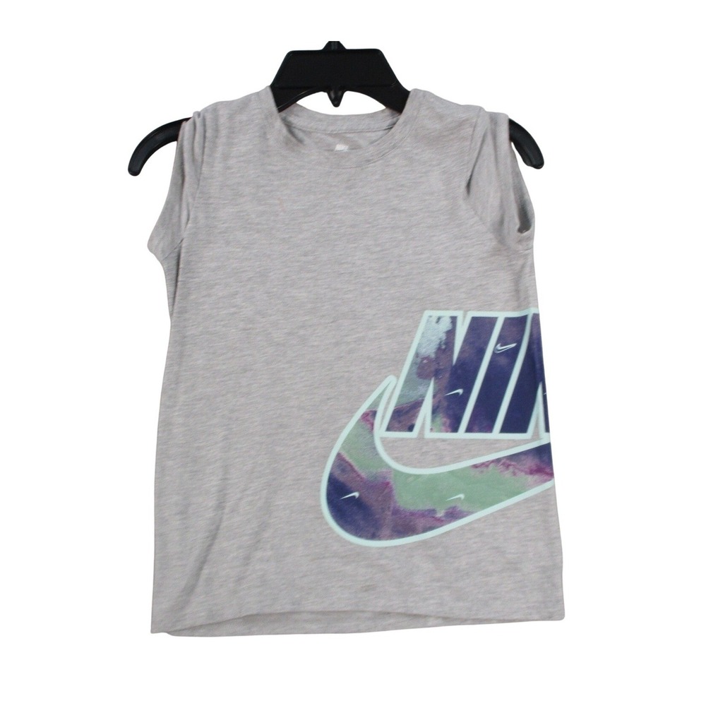 Nike Girls Muscle Tee Grey Watercolor Graphic Logo Sleeveless Shirt Size 6X 0644